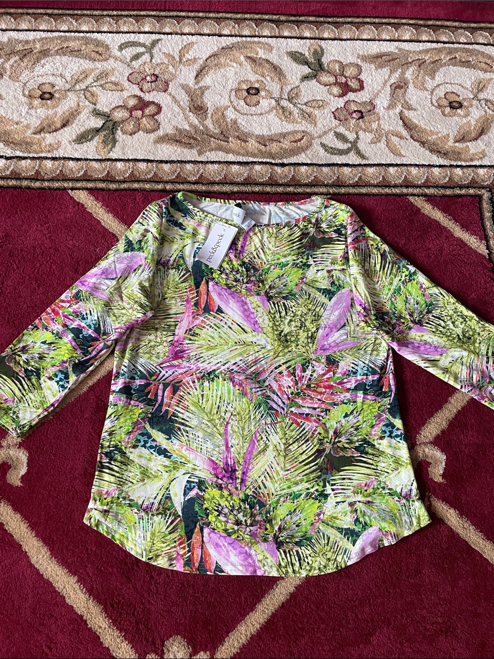 Peck & Peck Tropical Leaf Print Tunic - Green & Purple